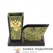 УК / Подставка - визитница из камня с гербом РФ «Крыло», змеевик светлый (16 х 11 х 07 см.)  3282 