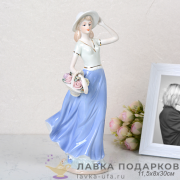 HP-Ф / Статуэтка «Дама в шляпке с корзиной роз» фарфор пастель голубая высота 29 см HP041 