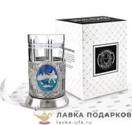 КМН / Подстаканник Кольчугино «Рыбак» со стаканом (хрусталь), эмаль никель, Советский 