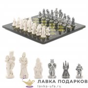 УК / Шахматы из камня  с литыми фигурами «Стаунтон» 44 х 44 см. змеевик + лемезит  (в кейсе) 