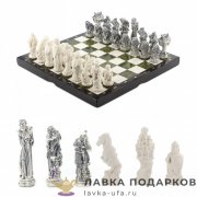 УК / Шахматы из камня  с литыми фигурами «Русские сказки» 40 х 40 см. мрамор + змеевик (в кейсе) 