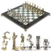 УК / Шахматы из камня  с метал. фигурами «Минотавр» 36 х 36 см. мрамор + змеевик  (в кейсе) 