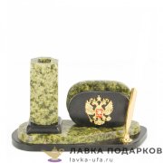 УК / Подставка - карандашница из камня «Герб РФ» 20 х 12 х 08 см. змеевик светлый 8840 