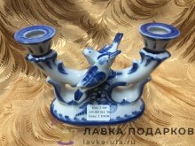 Гжель / Подсвечник на 2 свечи «Пара голубей», роспись тиражное 