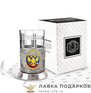 КМЗ / Подстаканник Кольчугино «Герб РФ», эмаль триколор, позолота, хрусталь, Советский 