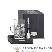КМС / Набор Кольчугино «Герб РФ» (Подстаканник, стакан хрусталь, ложка) мельхиор, Литой + футляр 