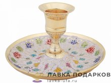 Кашмир / Подсвечник на блюдце 10 х 10 х 07 см. эмаль «Цветы» белая Кт_3272_5_1 (1 : 2) 