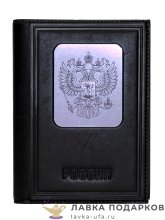 МК / Обложка для документов 3в1 Макей, натуральная кожа, металл «Герб РФ», черная (070-09-16) 