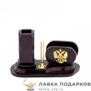 УК / Подставка - карандашница из камня «Герб РФ» 20 х 12 х 08 см. змеевик фиолетовый 3478 