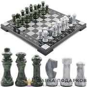УК / Шахматы из камня с гравировкой «Торнамент» 36 х 36 см. гранит + мрамор + змеевик  (в кейсе) 