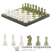 УК / Шахматы из камня «Торнамент» 38 х 38 см. мрамор + змеевик + офиакальцит   (в кейсе) 