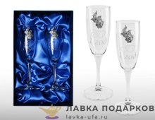Олово / Фужеры для шампанского с оловянным барельефом «Свадьба 1 год  - Ситцевая, амуры» + футляр 