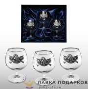 Олово / Бокалы для коньяка с оловянным барельефом «Удачная охота» в наборе ( 3 шт) + футляр К_6984 