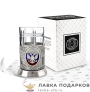 КМН / Подстаканник Кольчугино «Герб РФ» со стаканом (хрусталь), эмаль триколор, никель, Советский 