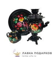 Самовар электрический 3 л «овал» с авто-отключением в наборе с росписью «Жостово на черном» 