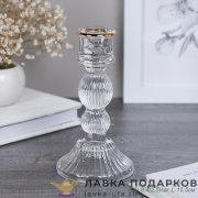 ИНТ / Подсвечник на ножке прозрачный с фактурой золотой ободок 15 см стекло WS-016 