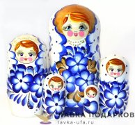 НП / Матрешка Полхов-Майдан «Букет Гжель» 5 кукол, 17 см. белый платок + золото 