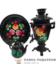 БТ / Самовар электрический  3л «Рюмка Жостово на черном» в наборе с подносом и чайником 