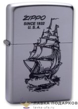 Zippo / Зажигалка 205 «Парусник с лого Zippo» 56 х 36 х 12 мм. хром полированный  