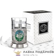 КМН / Подстаканник Кольчугино «Охотник» со стаканом (хрусталь), эмаль никель, Советский 