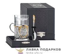 КМЗ / Набор Кольчугино «Герб РФ» (Подстаканник, стакан хрусталь, ложка) мельхиор, Литой + футляр 