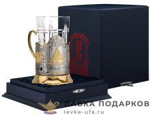 КМЗ / Подстаканник Кольчугино «Приятного чаепития» со стаканом (хрусталь), позолота, Меценат 