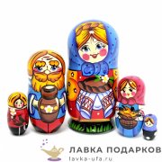 НП / Матрешка загорская «Оксана с караваем» 5 кукол, 17 см. ГОЛУБОЙ ПЛАТОК 