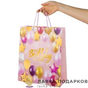 УП / Пакет подарочный «С Днем рождения» 26х13х32см картон розовый фольга вертикальный средний 608238 