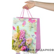 УП / Пакет подарочный «Цветы весенние» 26х13х32см картон розовый глиттер вертикальный средний 608247 
