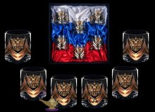 Олово / Стаканы для виски с оловянным барельефом «Герб РФ, триколор» в наборе (6 шт) + футляр  