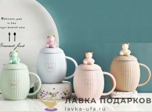 ПС / Кружка чайная с крышкой и ложкой «Медвежонок» 350мл керамика в ассортименте 3075 