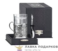 КМС / Набор Кольчугино «Герб РФ» (Подстаканник, стакан хрусталь, ложка) мельхиор, Литой + футляр 
