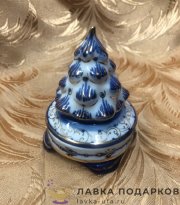 Гжель / Шкатулка «Новогодняя» 08 х 08 х 08 см. позолота авт. Федоровская Т.Д.  