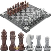 УК / Шахматы из камня с гравировкой «Торнамент» 36 х 36 см. гранит + мрамор + лемезит (в кейсе)  