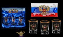 Олово / Стопки для водки с деколью «Герб РФ триколор» в наборе (3 шт) с блюдцем + футляр 1761  