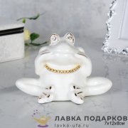 B-Ф / Статуэтка «Лягушка с цепочкой» малая 12см белый фарфор стразы B3053-4 