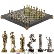 УК / Шахматы из камня  с метал. фигурами «Посейдон» 32 х 32 см. змеевик  (в кейсе) 