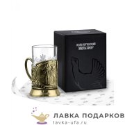 КМЛ / Подстаканник Кольчугино «Три богатыря» со стаканом (хрусталь), латунь, Новая 