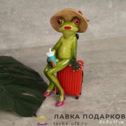 YX-П / Фигурка «Лягушка на чемодане в шляпе» сочно-зеленая оранжевые глаза 17см полистоун YX39054 