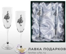 Олово / Фужеры для шампанского с оловянным барельефом «За любовь» в наборе (2 шт) + футляр 3927 